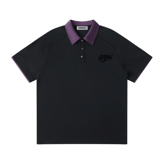 Contrast Collar Raglan Polo Shirt in black with purple collar, featuring a stylish 'URBN' logo.