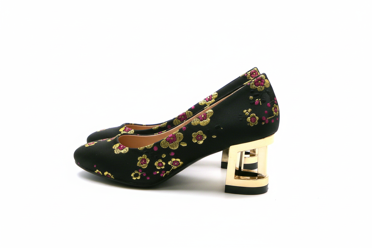 GEOMETAL Embroidered Brocade Heels - 2.5" Metallic Gold | URBANOVA