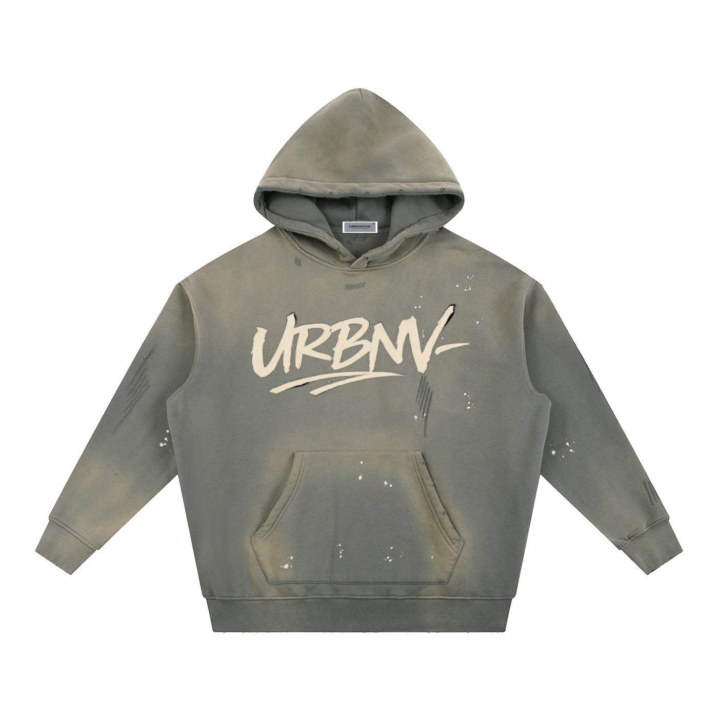 URBANOVA-Acid Washed Fleece Hoodie featuring distressed details and oversized fit, with graffiti-inspired URBNV graphic.