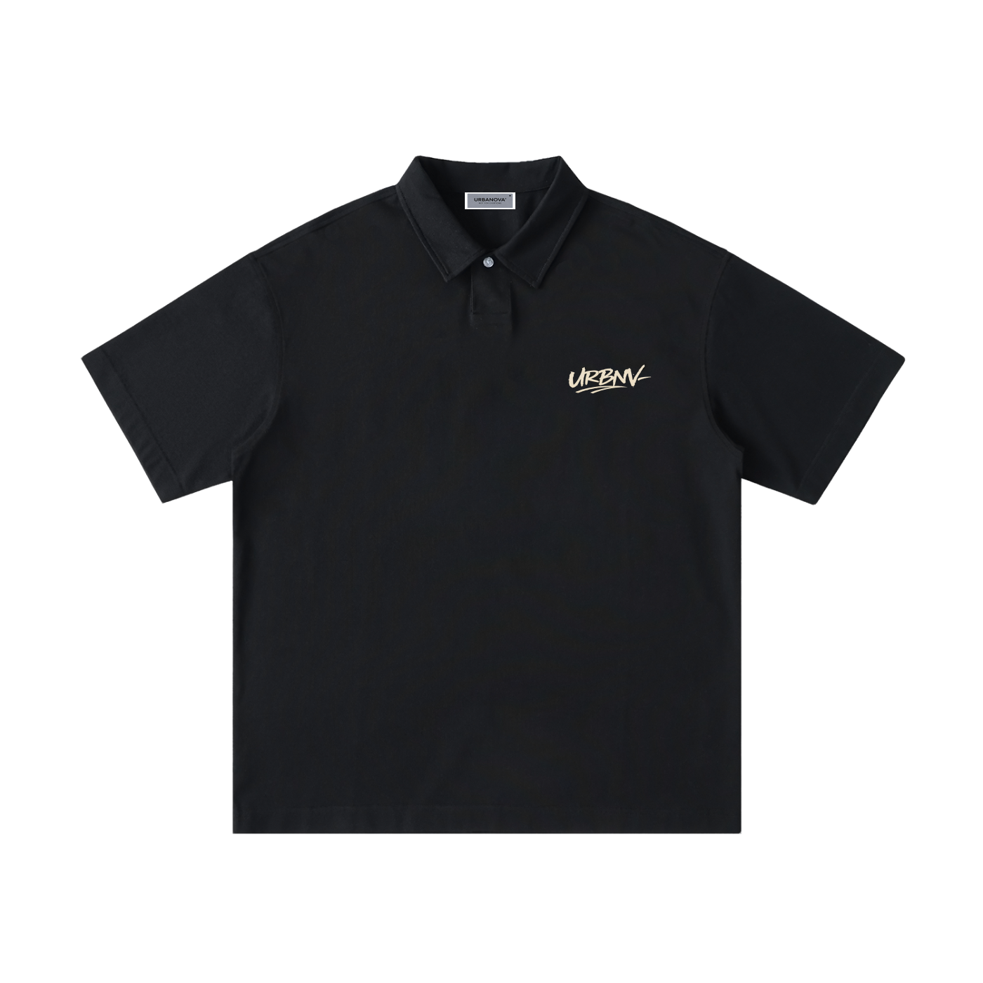 Urbanova-Loose Cotton Polo Shirt in black with a relaxed fit and stylish logo design.