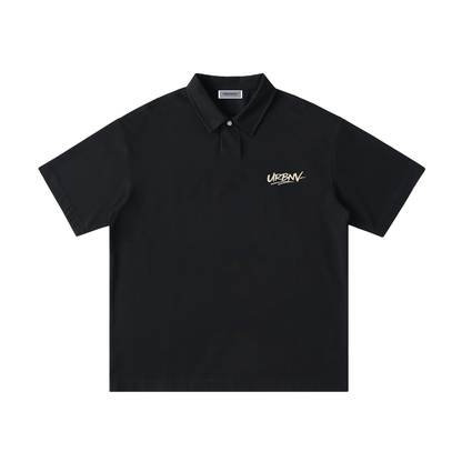 Urbanova-Loose Cotton Polo Shirt in black with a relaxed fit and stylish logo design.