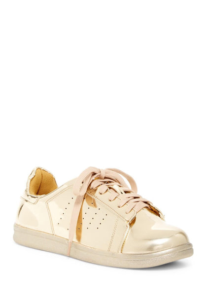 Metallic Mirror Sneakers - Comfort Padded Fashion Shoes in Rose Gold, Gold & Silver