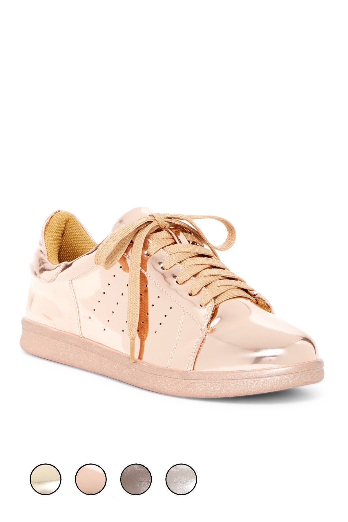 Metallic Mirror Sneakers - Comfort Padded Fashion Shoes in Rose Gold, Gold & Silver