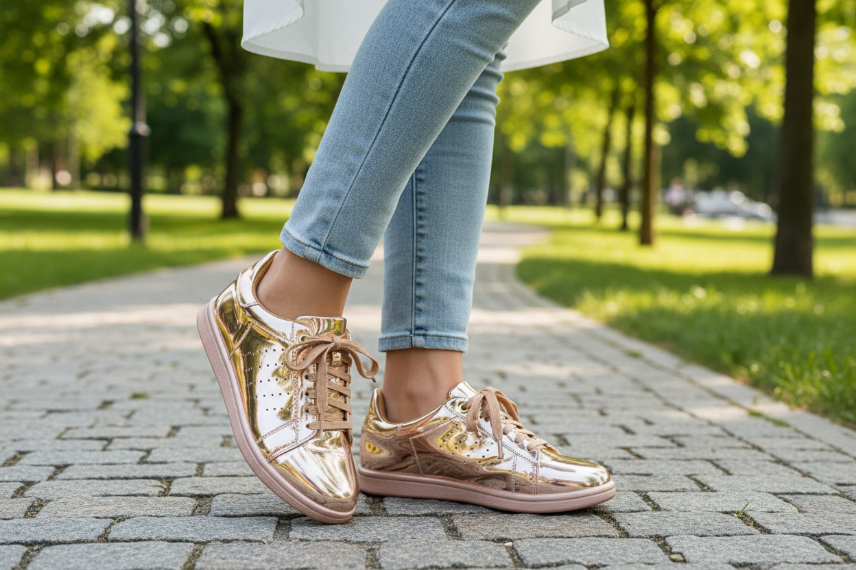 Metallic Mirror Sneakers - Comfort Padded Fashion Shoes in Rose Gold, Gold & Silver