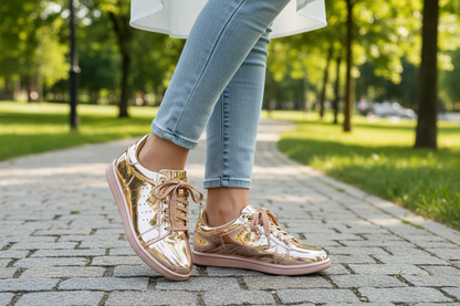 Metallic Mirror Sneakers - Comfort Padded Fashion Shoes in Rose Gold, Gold & Silver