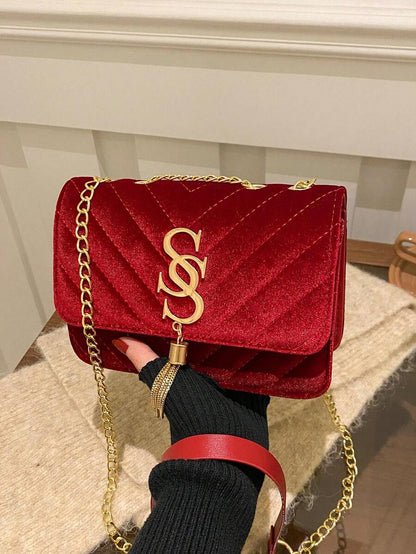 Refined Embossed Letter Shoulder Bag – New Year Collection, elegant red velvet crossbody bag with gold chain