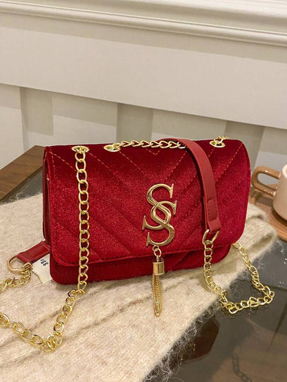 Refined Embossed Letter Shoulder Bag – New Year Collection in red velvet with gold chain detail
