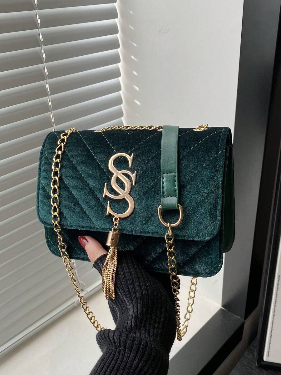 Refined Embossed Letter Shoulder Bag – New Year Collection in green velvet with gold detailing