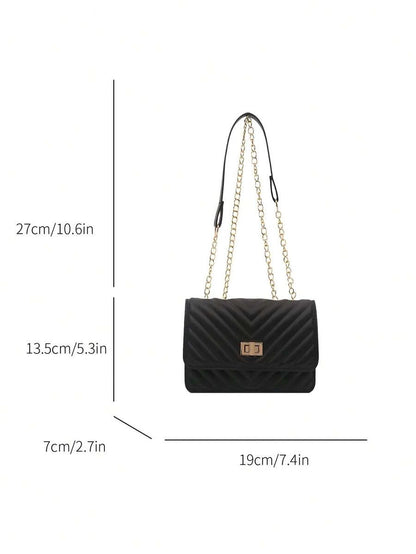 Refined Embossed Letter Shoulder Bag – New Year Collection dimensions 27cm x 19cm x 7cm with gold chain strap.