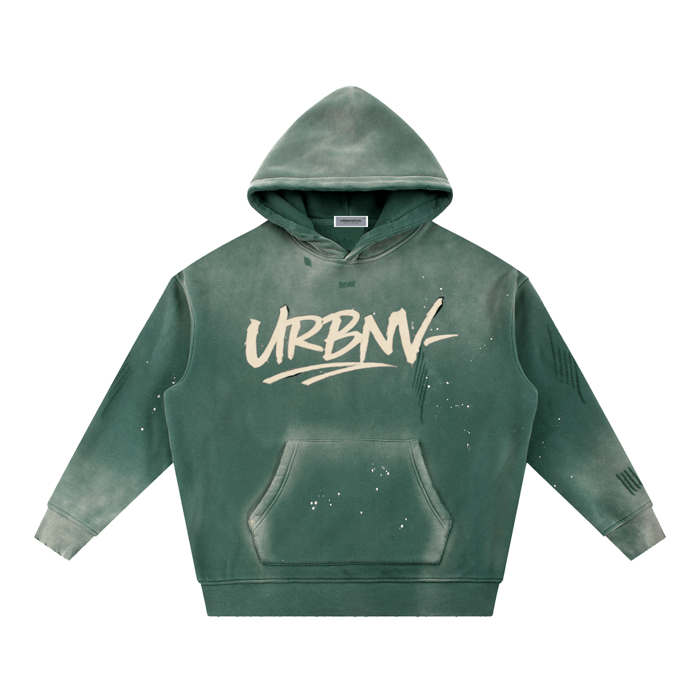 URBANOVA-Acid Washed Fleece Hoodie with URBNV graphic, oversized silhouette, 100% cotton in a vintage washed finish.