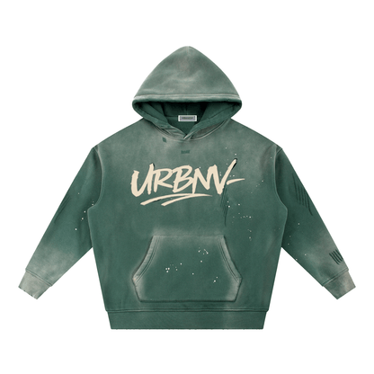 URBANOVA-Acid Washed Fleece Hoodie with URBNV graphic, oversized silhouette, 100% cotton in a vintage washed finish.