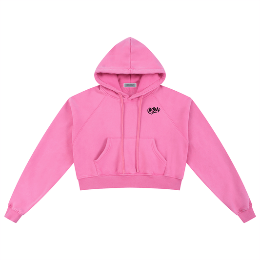 Urbanova Snow Washed Cropped Hoodie in pink featuring a drawstring and front pocket for casual street style.