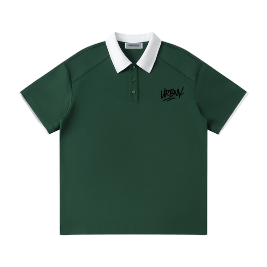 Contrast Collar Raglan Polo Shirt in green with white collar, unisex fit, casual style, and urban logo design.