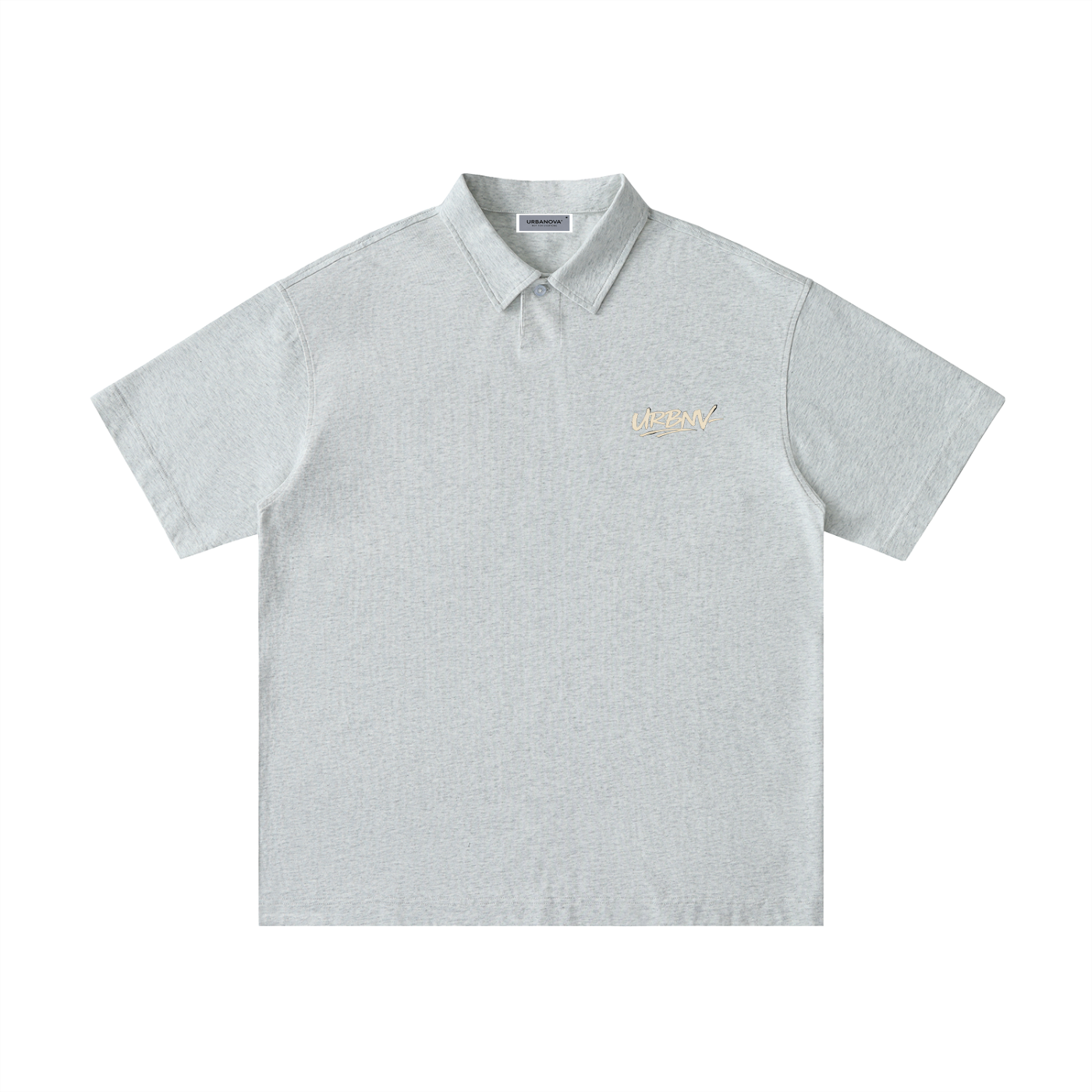 Urbanova-Loose Cotton Polo Shirt in light gray with embroidered logo, stylish and comfortable polo t-shirt.