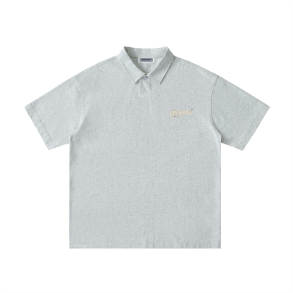 Urbanova-Loose Cotton Polo Shirt in light gray with embroidered logo, stylish and comfortable polo t-shirt.