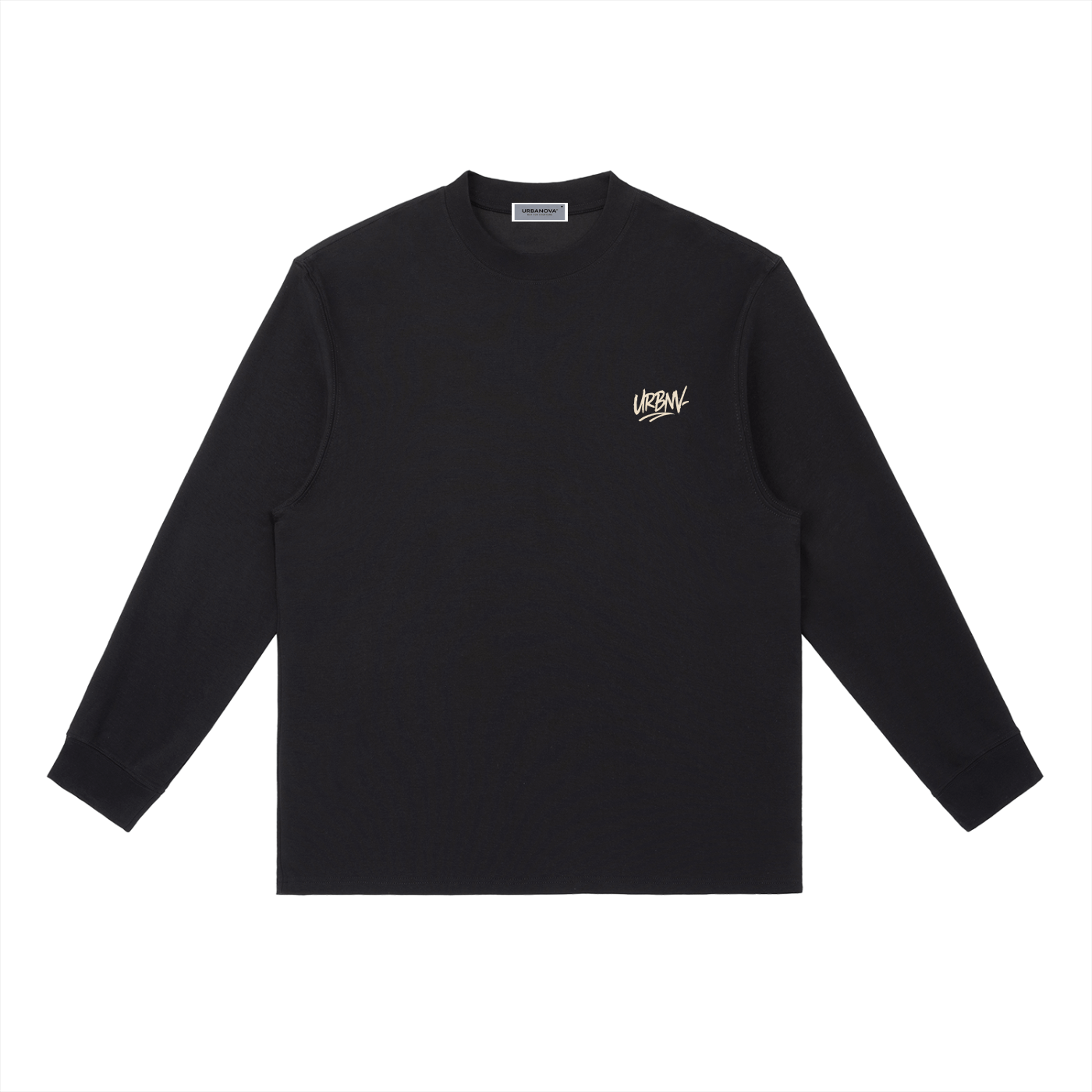 Essential Crewneck Long-Sleeve T-Shirt in black with logo on chest, perfect for casual and sporty wear.