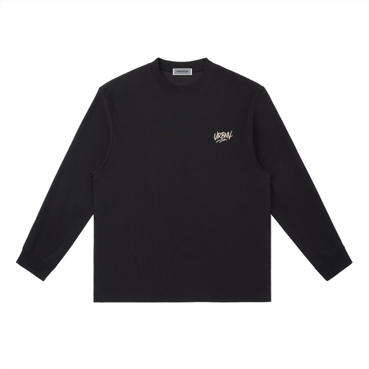 Essential Crewneck Long-Sleeve T-Shirt in black with logo on chest, perfect for casual and sporty wear.