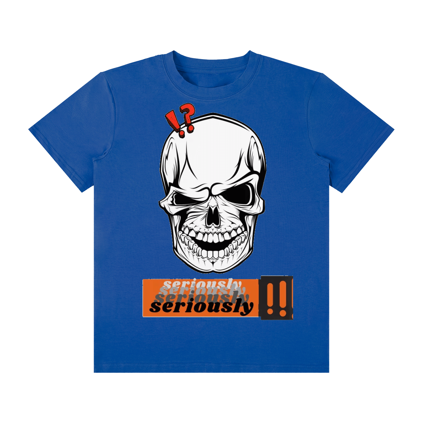Urbanova Essential Crew Tee featuring a skull graphic and bold text design on a blue background.