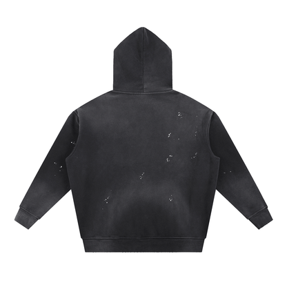 URBANOVA-Acid Washed Fleece Hoodie back view showing distressed details and oversized silhouette.