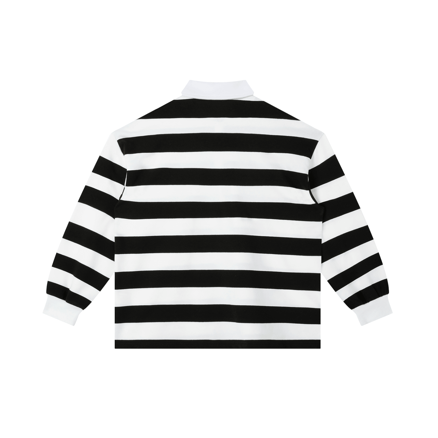 Back view of a Color Block Stripe Polo Shirt featuring bold black and white stripes on a loose fit design.