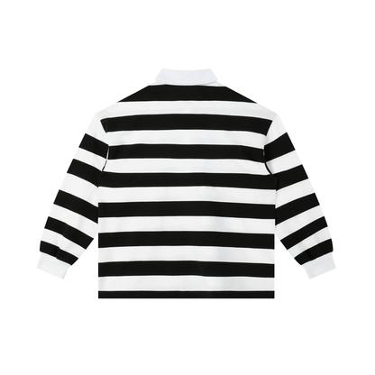 Back view of a Color Block Stripe Polo Shirt featuring bold black and white stripes on a loose fit design.