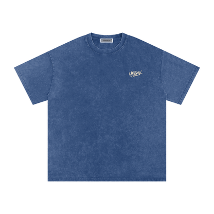 Urbanova-Washed cotton T-Shirt in blue, oversized fit with vintage wash finish, made from 100% cotton for comfort.