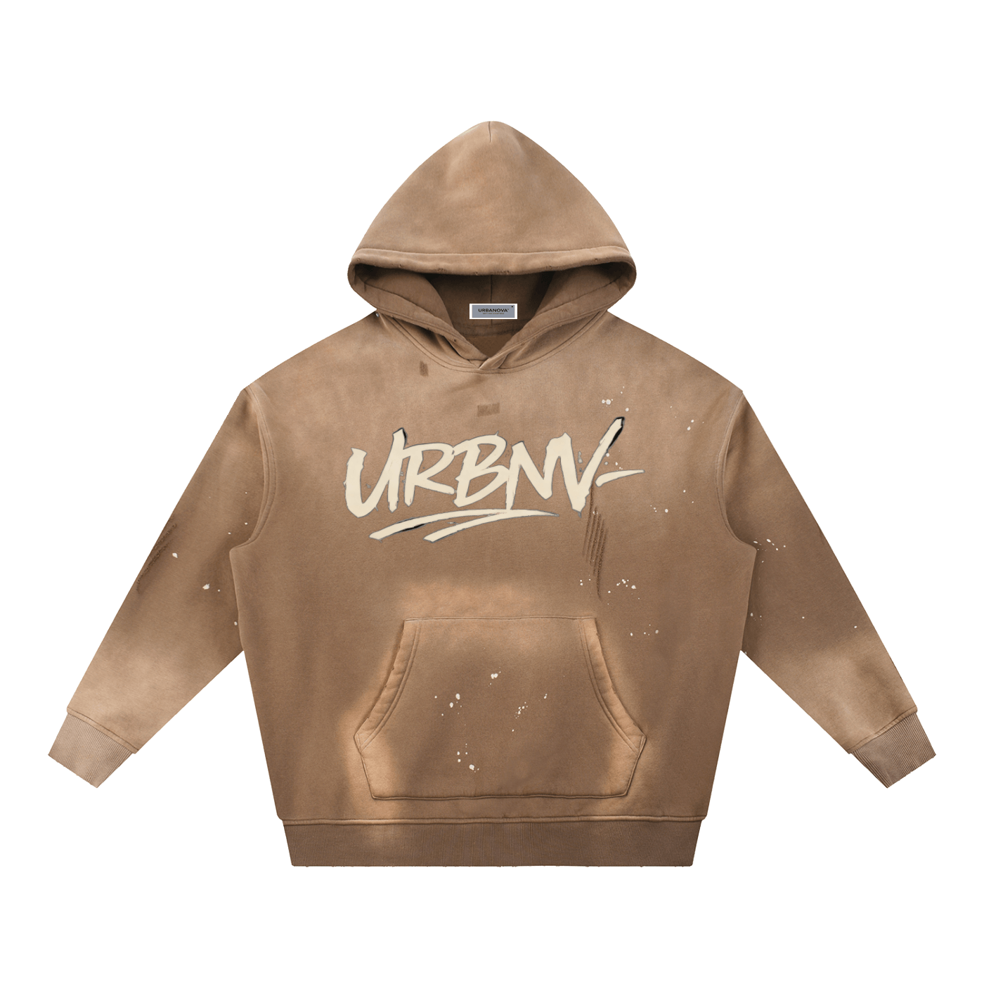 URBANOVA-Acid Washed Fleece Hoodie with URBNV graphic in vintage washed finish, 100% cotton, relaxed fit.