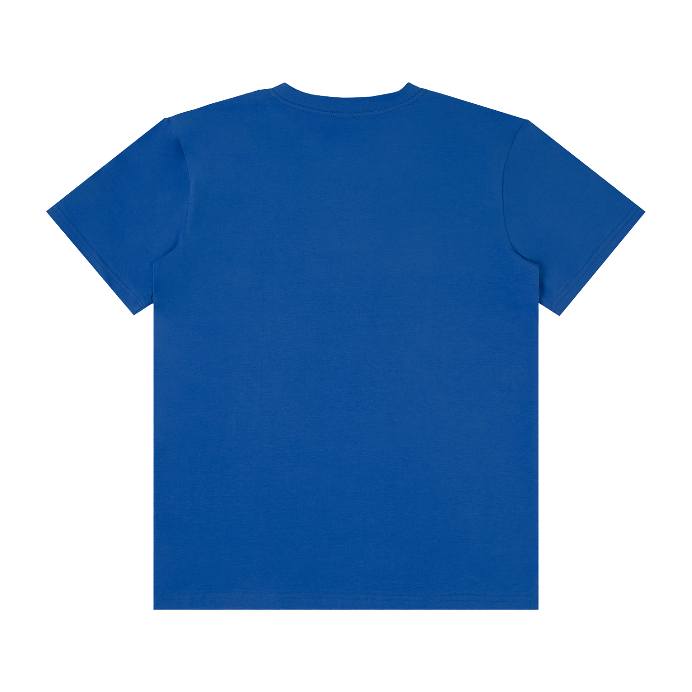 Back view of Urbanova Essential Crew Tee in vibrant blue color, showcasing its soft cotton-blend fabric and relaxed fit.
