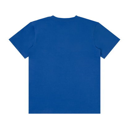 Back view of Urbanova Essential Crew Tee in vibrant blue color, showcasing its soft cotton-blend fabric and relaxed fit.