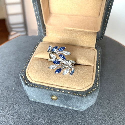 Midnight Bloom Sapphire Crystal Ring – Elegant Leaf Design Statement Jewelry for Women
