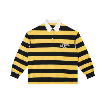 Color Block Stripe Polo Shirt in yellow and black stripes with a white collar, featuring casual and sporty design.