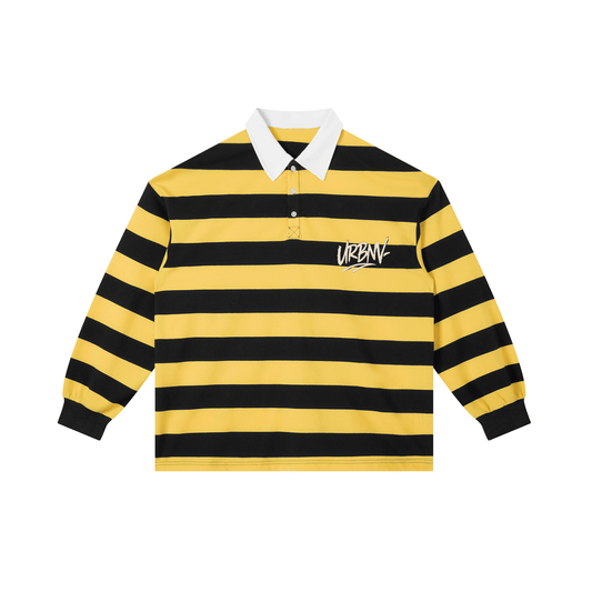 Color Block Stripe Polo Shirt in yellow and black stripes with a white collar, featuring casual and sporty design.