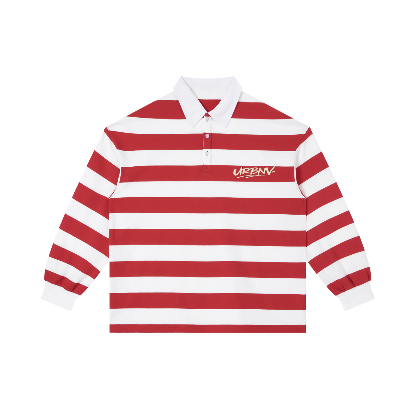 Urbanova- Stripe Polo Shirt in red and white stripes with long sleeves and logo embroidery on the chest.