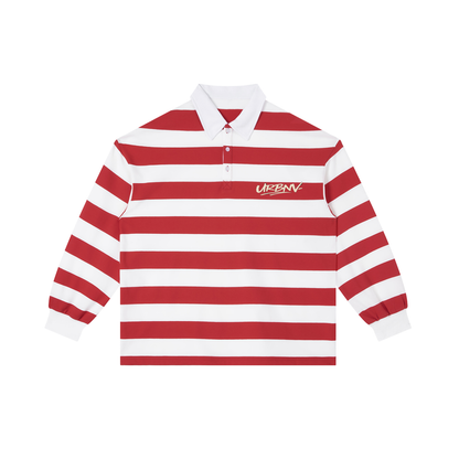 Urbanova- Stripe Polo Shirt in red and white stripes with long sleeves and logo embroidery on the chest.