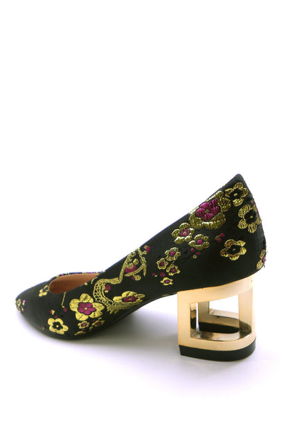 GEOMETAL Embroidered Brocade Heels - 2.5" Metallic Gold | URBANOVA