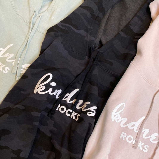 KINDNESS ROCKS HOODIE CROP SWEATSHIRT | BLACK CAMO