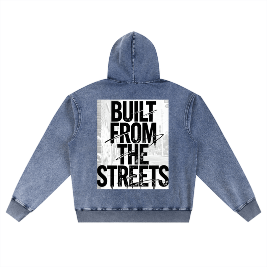 URBANOVA Complete Comfort Set – Hoodie & Jogger Bundle in denim with 'BUILT FROM THE STREETS' graphic design.
