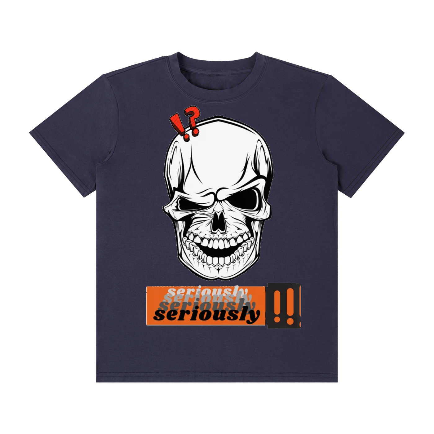 Urbanova Essential Crew Tee featuring a graphic skull design with text elements on a dark blue t-shirt.