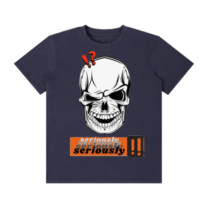 Urbanova Essential Crew Tee featuring a graphic skull design with text elements on a dark blue t-shirt.
