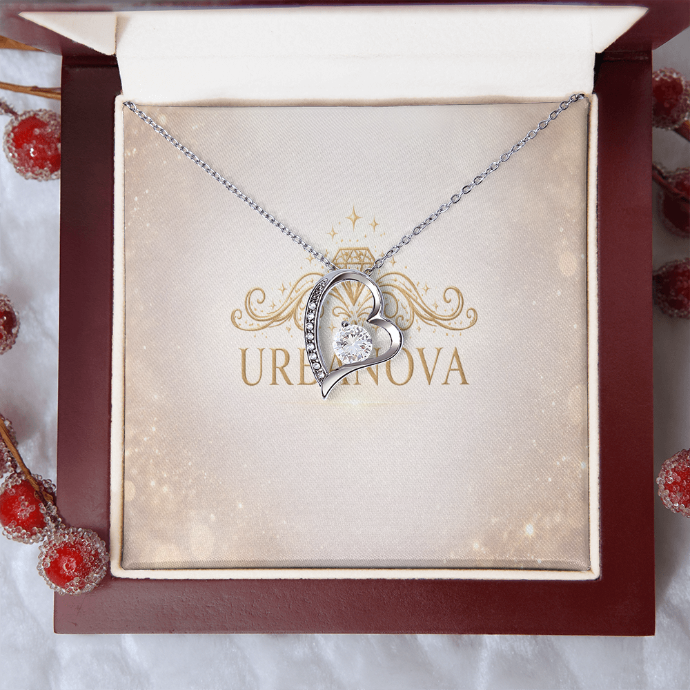 Urbanova Timeless Love Zircon Heart Pendant Necklace displayed in a elegant box with a heart pendant and sparkling crystals.