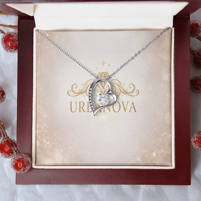 Urbanova Timeless Love Zircon Heart Pendant Necklace displayed in a elegant box with a heart pendant and sparkling crystals.