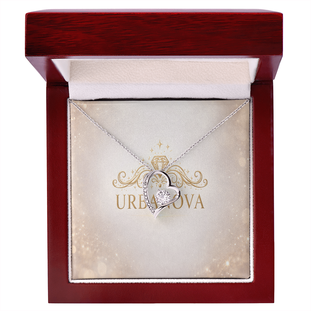 Urbanova Timeless Love Zircon Heart Pendant Necklace displayed in a red jewelry box with elegant interior.