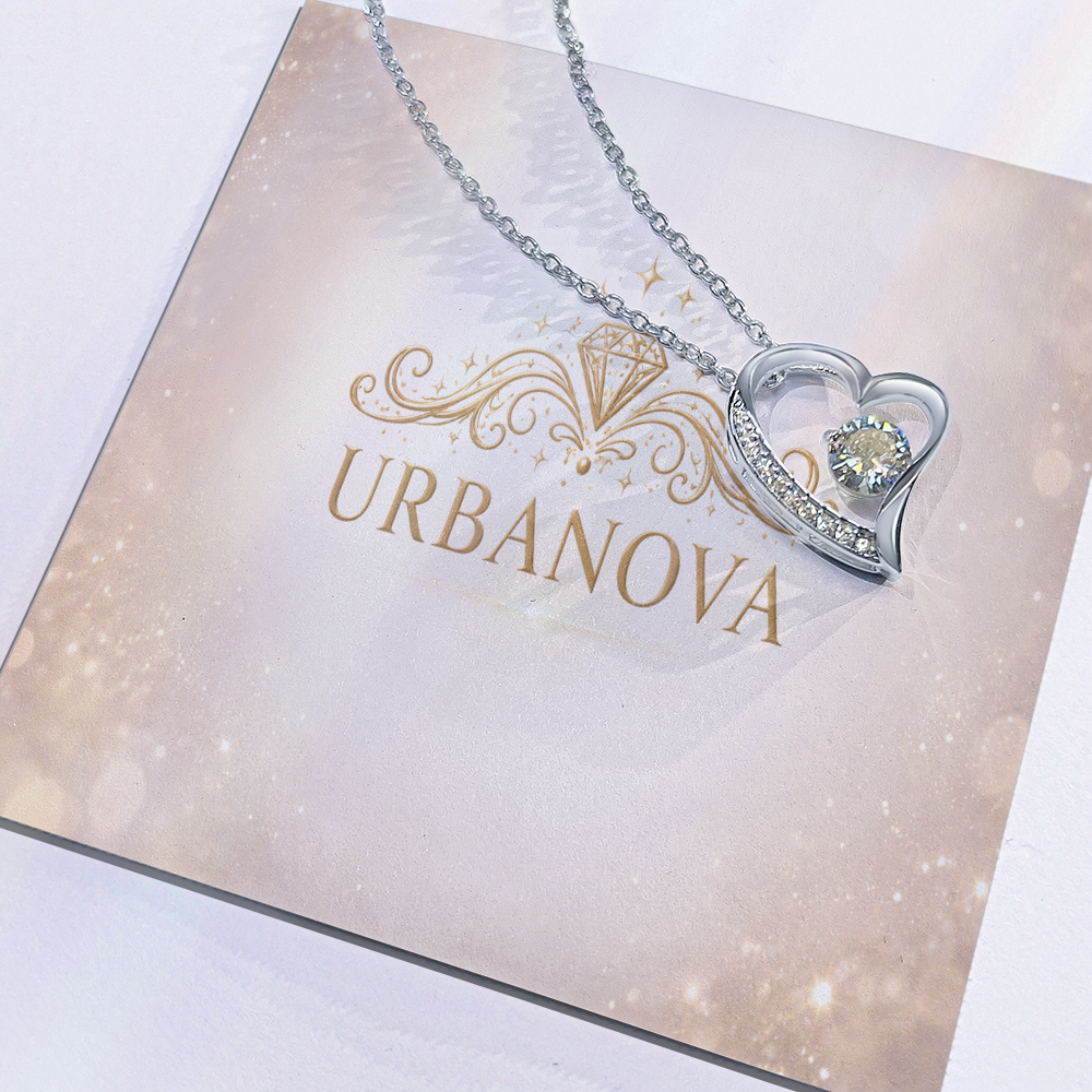 Urbanova Timeless Love Zircon Heart Pendant Necklace displayed on branded background with sparkling heart pendant and CZ crystal.