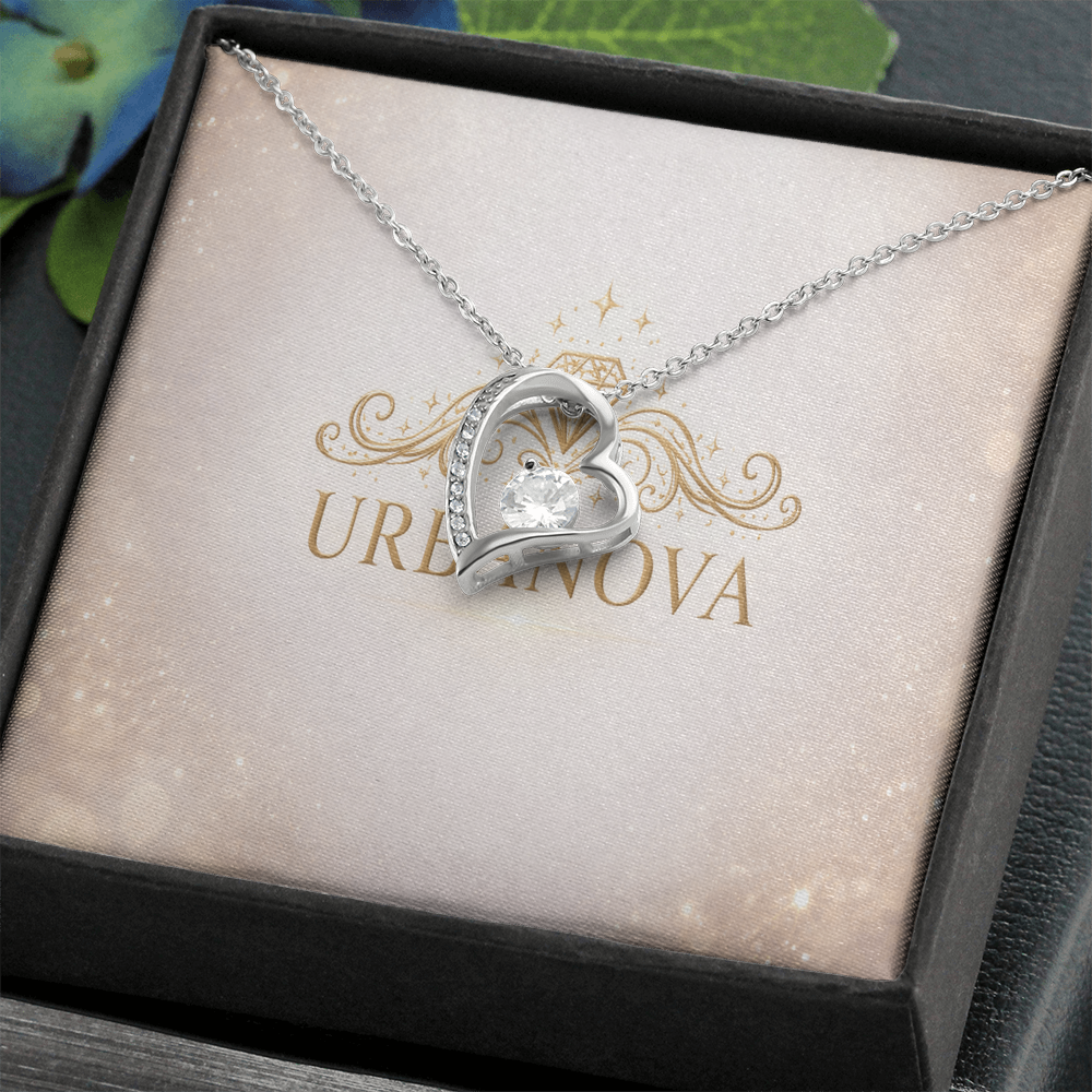 Urbanova Timeless Love Zircon Heart Pendant Necklace in a heart shape presentation box with chain.