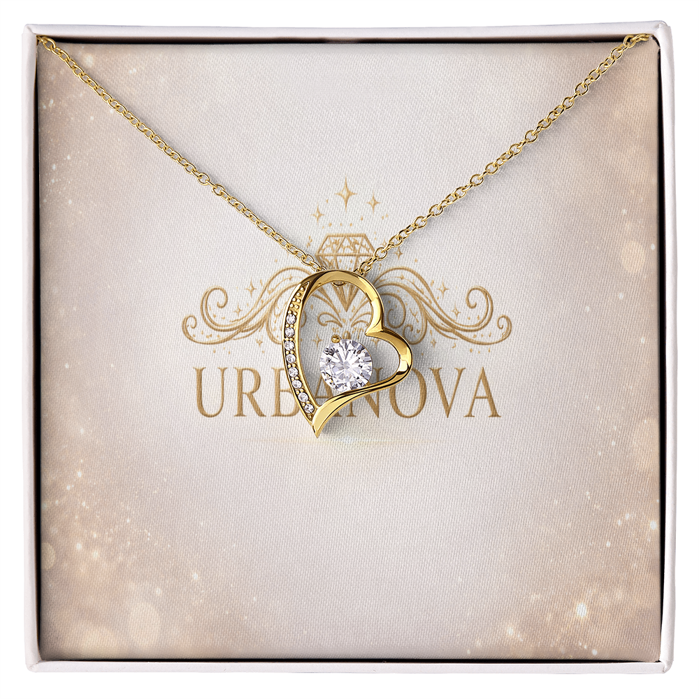 Urbanova Timeless Love Zircon Heart Pendant Necklace in a gold heart pendant box with a sparkling CZ crystal.