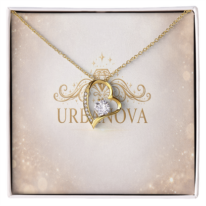 Urbanova Timeless Love Zircon Heart Pendant Necklace in a gold heart pendant box with a sparkling CZ crystal.