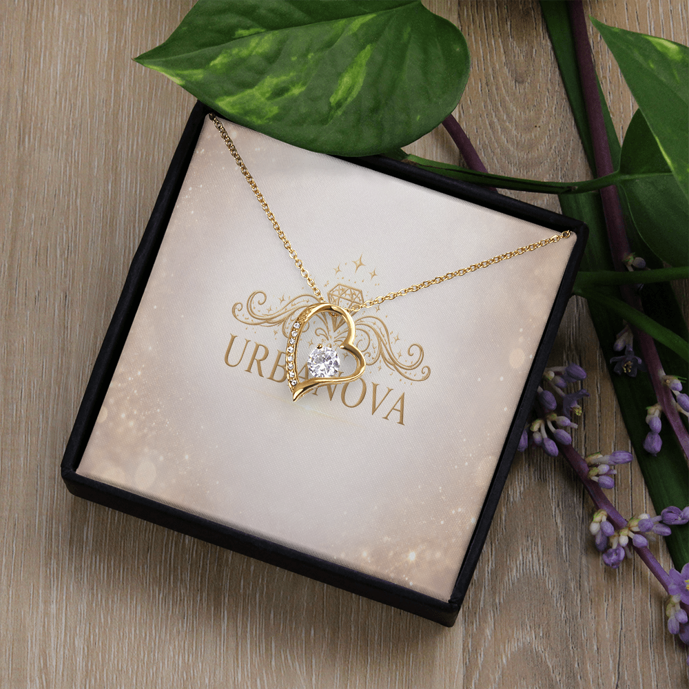 Urbanova Timeless Love Zircon Heart Pendant Necklace in a gift box with floral background.