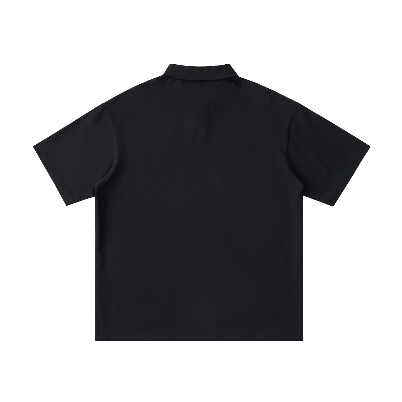 Back view of Urbanova-Loose Cotton Polo Shirt, 100% cotton, relaxed fit polo t-shirt in solid black.