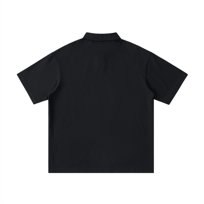 Back view of Urbanova-Loose Cotton Polo Shirt, 100% cotton, relaxed fit polo t-shirt in solid black.