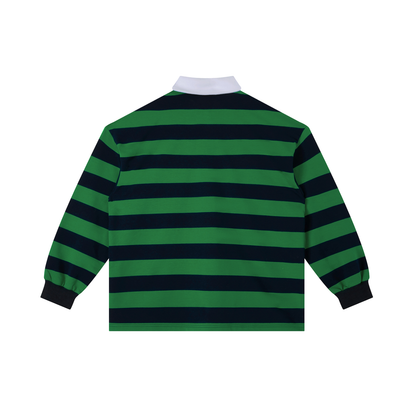 Urbanova- Stripe Polo Shirt in green and navy stripes, showcasing classic crew polo t-shirt style and premium construction.